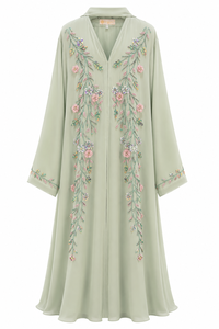 Robe Abaya Maxi ample et respirante en polyester brodée de strass floraux pour femmes musulmanes, col en V, manches longues - Product Image 1