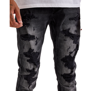 Jean en denim noir déchiré et délavé pour homme, coupe droite, style streetwear décontracté, pour le quotidien - Product Image 3