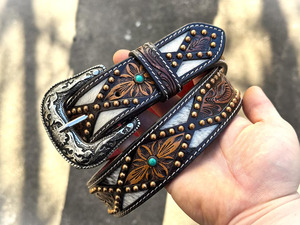 Ceinture Western de luxe, sculptée à la main, motif feuille de cowboy, avec boucle en laiton à motifs floraux, longueur personnalisée - Product Image 4