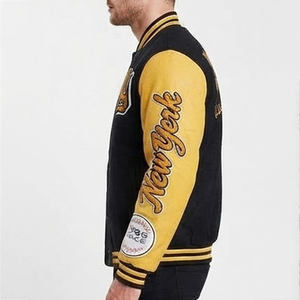 Neuheiten Maßgefertigte Herren Schwarz-Gelbe Colorblock Varsity-Jacke mit Gesticktem NY-Schriftzug Knopfleiste Vorne Vintage Baseball-Jacke - Product Image 4