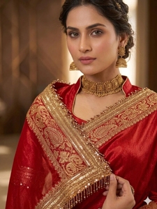 Sari en soie Banarasi traditionnel pour femme KV avec appliques, et chemisier réversible infroissable non cousu (Rouge) Automne - Product Image 5