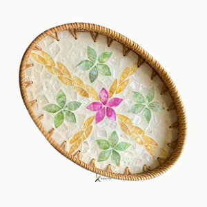 Bandeja de Servir Ovalada de Madera con Tejido de Ratán y Nácar, Elegante, Personalizada OEM ODM, Apta para Alimentos, Hecha a Mano, Decoración para el Hogar, Ideal para Regalos - Product Image 1