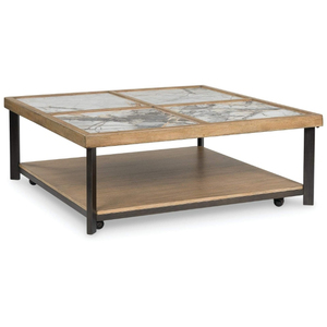 Table basse industrielle moderne avec plateau en faux marbre, structure en bois, pieds en fer, étagère de rangement, meubles de salon - Product Image 1