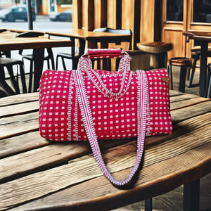 Bolsa de lona de algodón hecha a mano de diseñador, bolso de playa de hombro de viaje largo con estampado de bloque de cremallera duradero de gran capacidad - Product Image 1