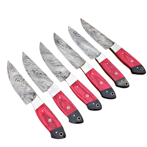 Custom Handmade Damascus Steel Kitchen Knives Set of 6 with Red <b>Wooden</b> Handles Professional Chef Cooking <b>Slicing</b> Cutting Knife - Product Image 1