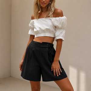 Shorts Oxford Verts Taille Haute pour Femme avec Cordon de Serrage Coupe Droite Couleur Unie Style Décontracté Respirant 100% Coton - Product Image 5