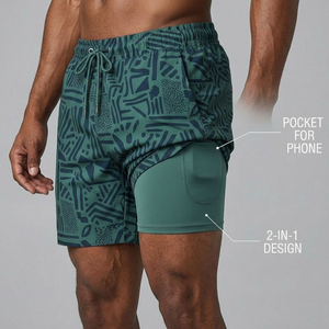 Men's 2 1 Swim Shorts Quick Dry Compression Liner Stretch Mid Waist Drawstring Closure Eco-Friendly Breathable Phone Pocket OEM - Product Image 1