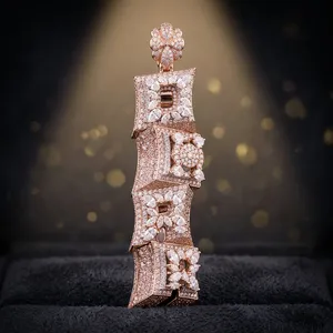 Colgante de Diamantes de Laboratorio de Lujo en Oro Rosa Sólido con Diamantes de Corte Marquesa y Redondo, Joyería Hip Hop para Mujer - Product Image 1