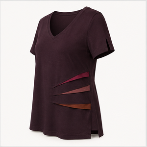 Camiseta de algodón jersey para mujer, diseño envolvente frontal, color amarillo marigold suave, con bloques de color, modelo WTS-0027 - Product Image 2