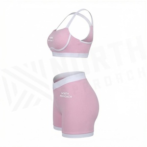 Ensemble de yoga 2 pièces North Approach rose avec soutien-gorge de sport à bretelles croisées et short taille haute, bordure contrastante, sans couture et respirant - Product Image 3
