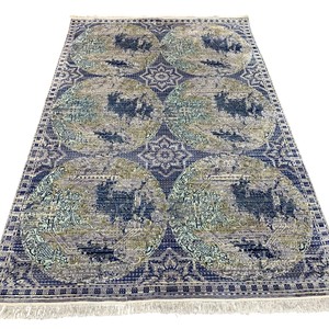 Tapis circulaire moderne oriental à motifs médaillon, bleu indigo et vert jade, tapis en mosaïque vieilli avec franges - Product Image 2