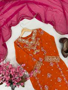 Ensemble Salwar Kameez en Georgette Festif Hiver 2026 avec Broderie Miroir Gota Patti, Tenue de Soirée Pakistanaise de Créateur, Dupatta Rose - Product Image 3