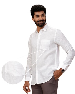 Chemise décontractée d'été pour homme en lin 100 % écologique, manches longues, col rabattu, blanche, fermeture à bouton unique - Product Image 1