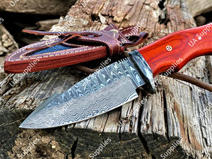 Cuchillo de Supervivencia para Camping y Aire Libre, Forjado a Mano, Directo de Fábrica, OEM, Personalizable, de Acero de Damasco, Hoja Fija, Punta Caída, con Mango de Pakka Colorido - Product Image 4