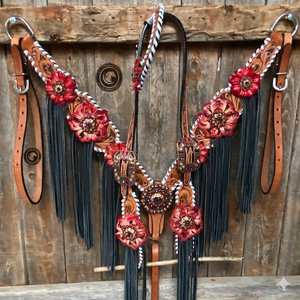 Hot Selling One Ear Hand Tooled Floral Braided <b>Beads</b> Design Premium Leather Headstall Breast Collar Tack <b>Set</b> - Product Image 1