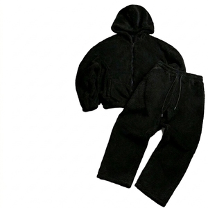 KIingSen OEM Custom Embroidery Breathable <b>Knitted</b> 360g Winter Men's Sherpa Fleece Zip-Up Hoodie Sweatpants Streetwear <b>Set</b> - Product Image 1