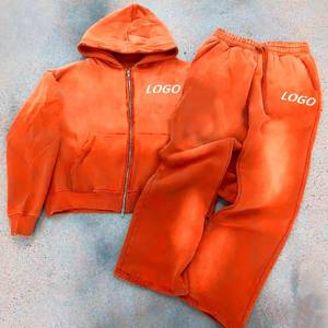 Ensemble de survêtement unisexe gris en coton à capuche avec fermeture éclair, manches longues, couleur unie, effet délavé, vêtements de sport décontractés avec impression de logo - Product Image 5