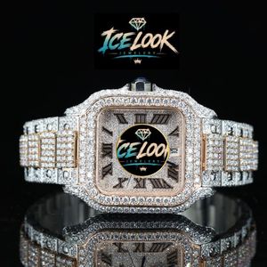 Montre mécanique en acier inoxydable Ice Look, cadran carré, bracelet 20 mm, aiguilles chiffres romains, bijou de luxe avec réserve de marche - Product Image 1