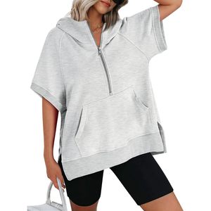 Automet 2025 automne mode femmes surdimensionné en soie à capuche à manches courtes demi fermeture éclair sweat coupe ample pull tenues - Product Image 5