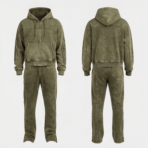 Custom Vintage Zip Up Tracksuits For Men Acid Wash Print Solid Pattern Summer Flares Pant High Quality Hoodie <b>Sweats</b> <b>Set</b> - Product Image 1