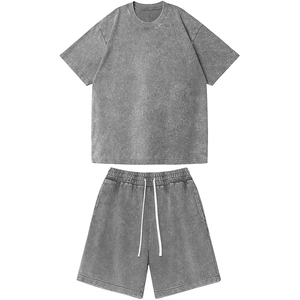 Men Bulk Order T Shirt Shorts <b>Set</b> Acid Wash Summer Cotton Casual Streetwear Matching Outfit Loose Fit - Product Image 1