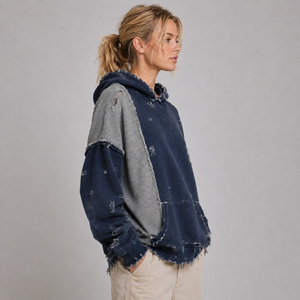 OEM Custom <b>Women's</b> Cotton Vintage Wash Distressed <b>Hoodie</b> <b>Navy</b> Blue Grey Panel Ripped Pullover Heavyweight Streetwear Wholesale - Product Image 5