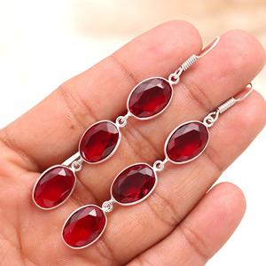 925 Sterling <b>Silver</b> Red Garnet Long Drop <b>Earrings</b>, Oval Cut Multi Stone <b>Dangle</b> <b>Earrings</b>, Natural Garnet Gemstone Jewelry for Wom - Product Image 3