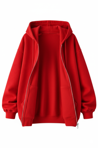 Sudadera con capucha roja lisa de alta calidad para hombre, con cremallera completa, gruesa y cálida, 100% algodón polar, 450 g/m², informal, estilo urbano, holgada, de secado rápido - Product Image 2