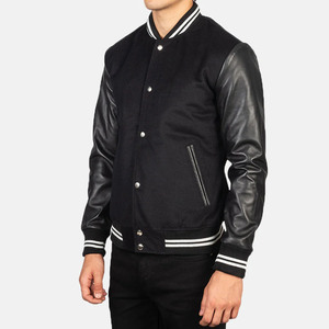 Chaqueta Varsity Negra para Hombre con Mangas de Cuero PU y Logotipo Estampado en la Parte Delantera, Cuello Camisero, Ropa Casual de Otoño - Product Image 4