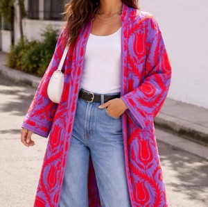 Bata de mujer con cuello en V, 100% algodón, 480g, reversible, bordada con motivos florales azules, hecha a mano, tipo kimono largo, con cinturón, para estar en casa o descansar. - Product Image 1