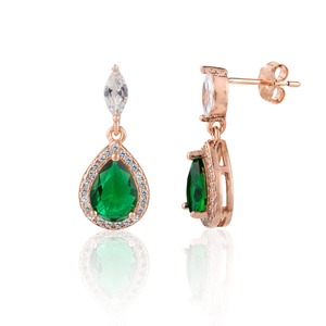 Pendientes de tuerca delicados con circonita esmeralda en forma de lágrima, chapados en oro rosa, diseño europeo, plata de ley 925, regalo para fiesta - Product Image 3
