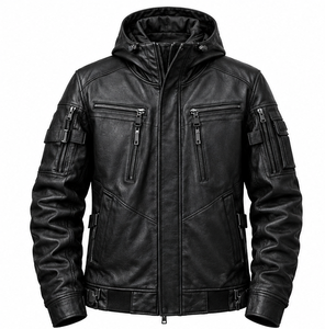 Veste en cuir à capuche pour homme avec fermeture éclair - Product Image 1