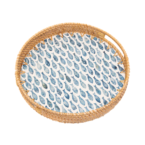 Round woven two-tone rattan decorative tray featuring <b>tall</b> loop <b>side</b> handles, available at wholesale prices. - Product Image 3