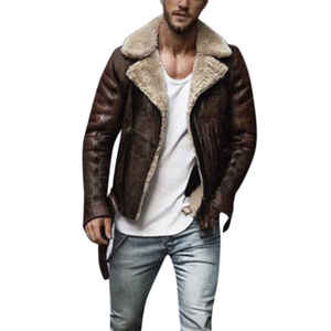 Blouson aviateur en cuir véritable pour homme avec doublure en sherpa, fermeture éclair, style motard d'hiver - Product Image 3