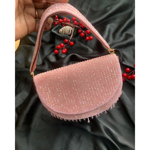 “Elegant <b>Blush</b> Pink Beaded Semi-Circle Handbag with Sparkling Crystal Work, Pearl Edge Detailing & Matching Beaded Handle - Product Image 4