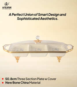 Moderno Plato de Servir de Porcelana Blanca con Diseño de 3 Secciones, Borde Dorado, Tapa Transparente y Base Dorada - Product Image 2