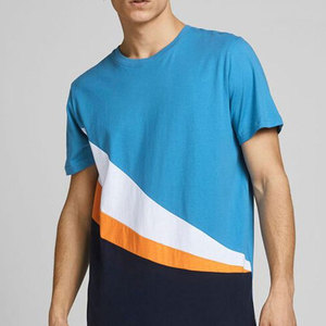 T-shirt géométrique bleu azur en coton premium pour homme |   T-shirt à col rond avec panneaux diagonaux orange et blanc |   T-shirt à manches courtes écologique à séchage rapide - Product Image 2