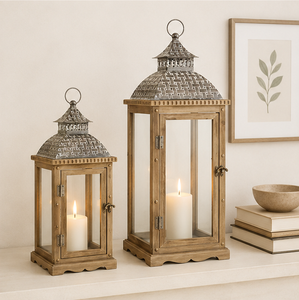 <b>Set</b> of 2 Rustic Wooden Decorative <b>Lanterns</b> with Distressed Brown Finish and Metal Hut Top Vintage Farmhouse Floor Candle Holder - Product Image 1