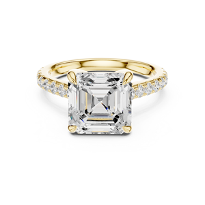Proveedor Verificado, Anillo de Diamante Cultivado en Laboratorio con Corte Asscher Brillante en Oro Amarillo de 14k, Anillo de Diamante con Engaste de Puntas y Banda Pavé - Product Image 1