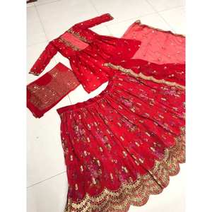 GEORGETTE A LA MODA IMPRESO CON BORDADO TRABAJO LEHENGA CHOLI KOTI CON DUPATTA ROJO - Product Image 1