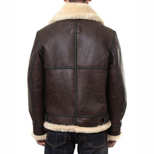 Blouson aviateur bomber en cuir pour homme 2026, effet vieilli, en fausse fourrure Sherpa Shearling, tricot côtelé, style aviateur, en peau de mouton - Product Image 3