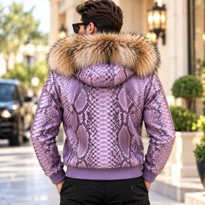 <b>Men's</b> Premium Python Leather <b>Bomber</b> <b>Jacket</b> with Fox Fur Hood Designer Biker Coat | Herren Lederjacke | Chaqueta Hombre Cuero - Product Image 2