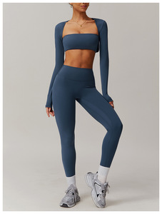 Ensemble de yoga rose uni pour femme, 2 pièces, sans couture, short taille haute, crop top à manches longues, froncé, pour l'entraînement - Product Image 3