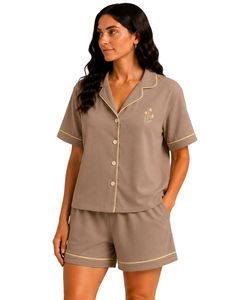 Ensemble de pyjama personnalisé pour femme en popeline de coton marron moka, manches courtes, brodé, vêtements de détente d'été, ensemble short boutonné - Product Image 1