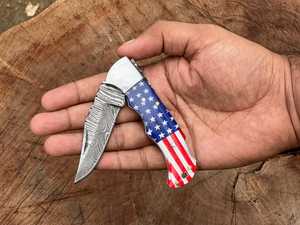 UA Supplies Industrial Grade Damascus Steel Straight <b>Clip</b> Point Folding Knife Custom Flag Customized Handle OEM Hunting EDC - Product Image 2