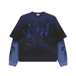 Camiseta de manga larga para hombre, cuello redondo, doble capa, estampado serigrafiado, efecto desgastado por el sol, oversize, con logo personalizado, estilo vintage lavado, 100% algodón, corte holgado. - Product Image 1