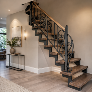 Rampe d'escalier décorative en fer forgé noir pour intérieur, main courante à motif festonné, panneau de garde-corps de balcon de luxe - Product Image 2