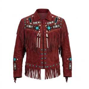 Blouson en daim bordeaux à franges, style western perlé, col rabattu, manches longues, grande taille, chic prairie, automne - Product Image 1