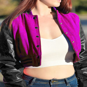 Chaqueta Corta Estilo Universitaria para Mujer, Color Rosa, Magenta y Negro, Estilo Bomber, Mangas de Cuero Sintético, Ropa Exterior Informal, Moda Femenina - Product Image 3