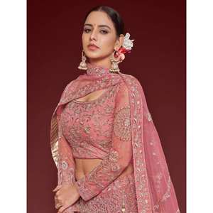Bonito rosa bordado suave red tradicional Lehenga Choli - Product Image 4